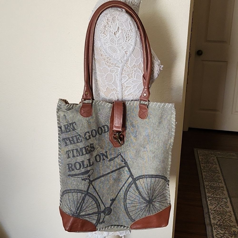Primitives by Kathy Upcycled Canvas and Leather Tote Bag